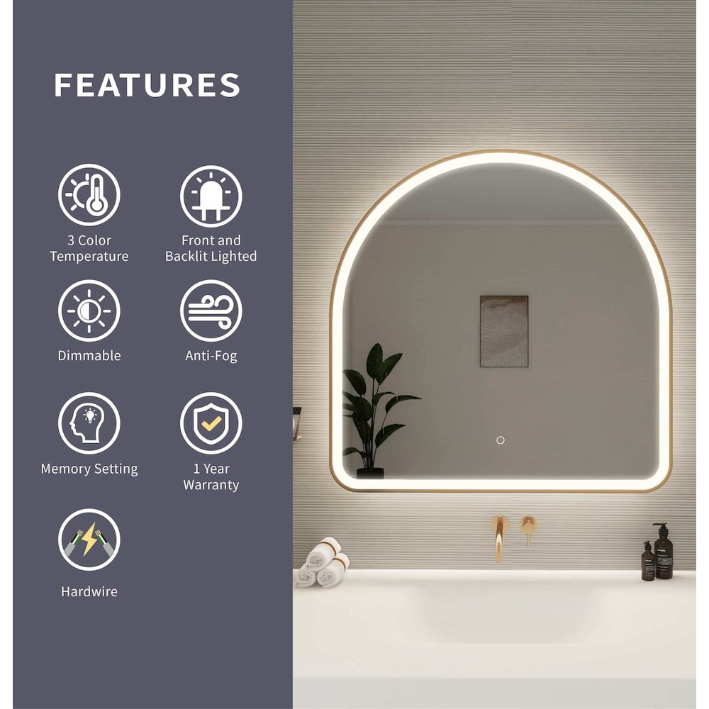 36 Inch Arch LED Front and Backlit Wall Mirror in Satin Gold