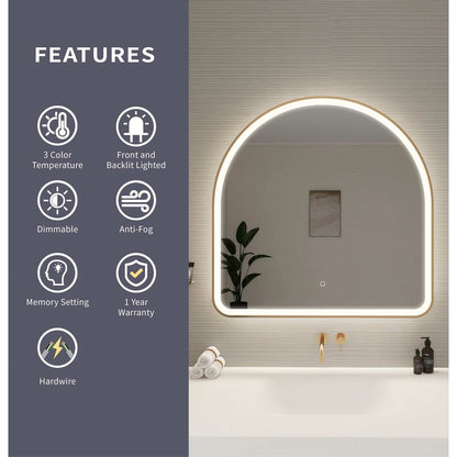 36 Inch Arch LED Front and Backlit Wall Mirror in Satin Gold