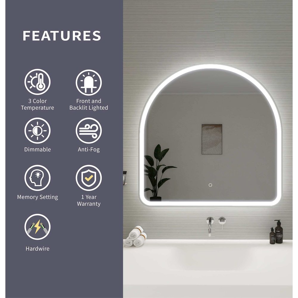 36 Inch Arch LED Front and Backlit Wall Mirror in Silver