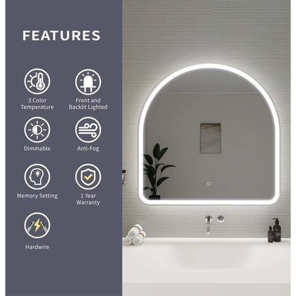 36 Inch Arch LED Front and Backlit Wall Mirror in Silver
