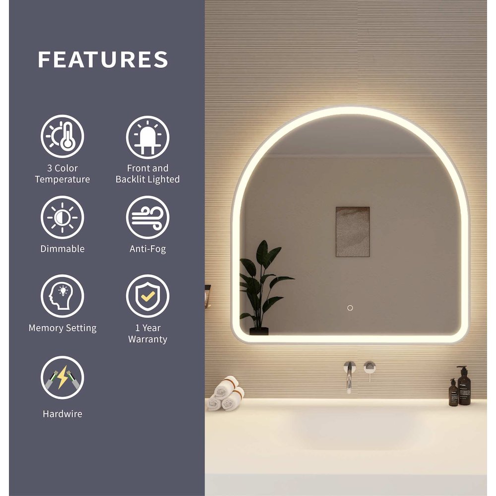36 Inch Arch LED Front and Backlit Wall Mirror in Silver