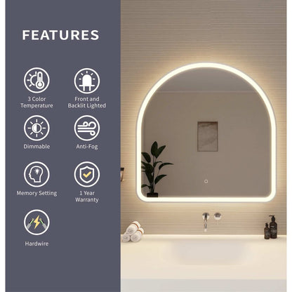 36 Inch Arch LED Front and Backlit Wall Mirror in Silver