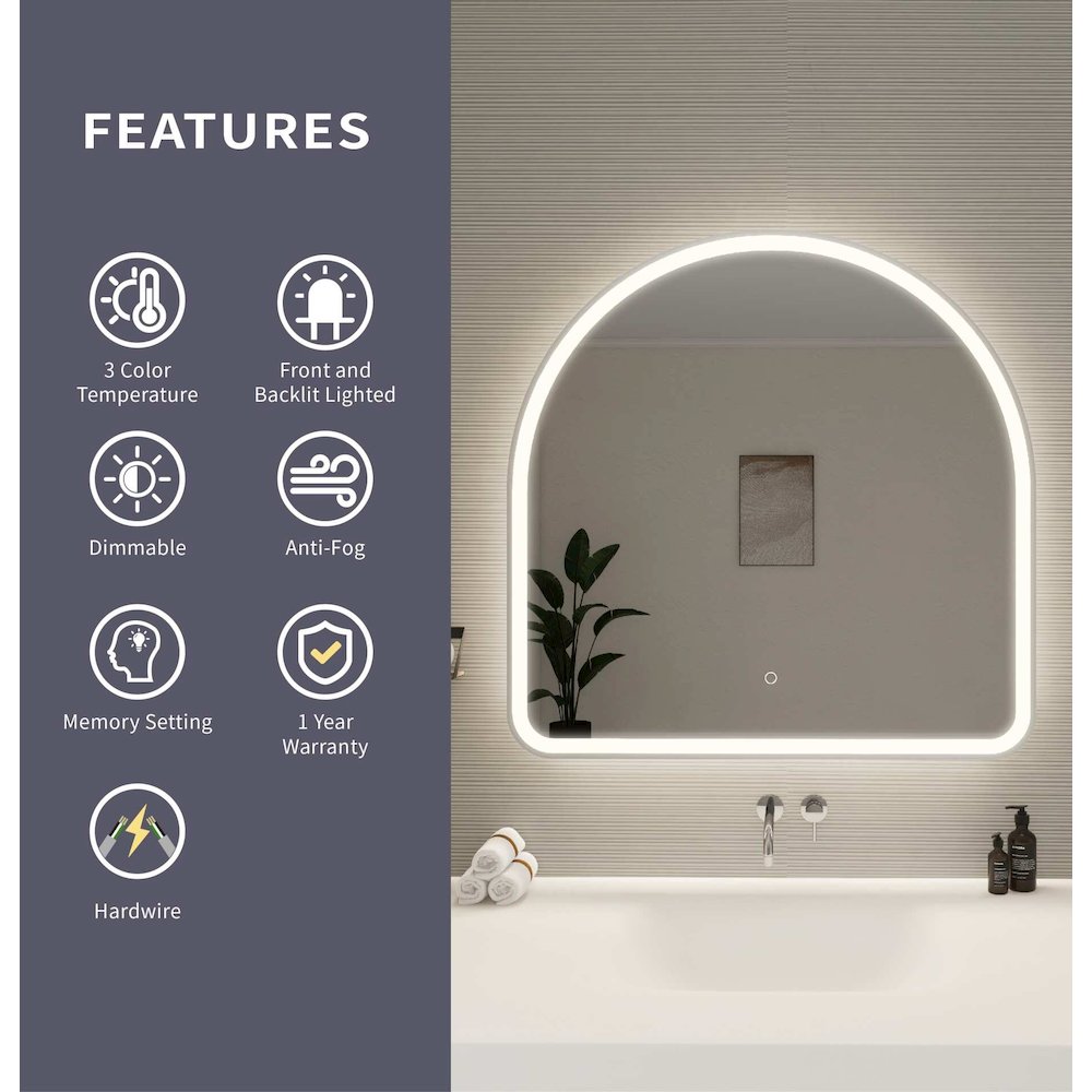 36 Inch Arch LED Front and Backlit Wall Mirror in Silver