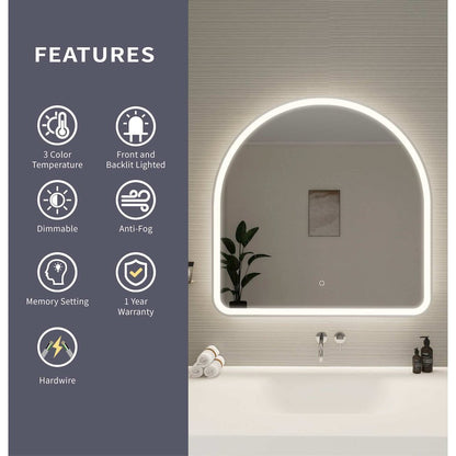 36 Inch Arch LED Front and Backlit Wall Mirror in Silver