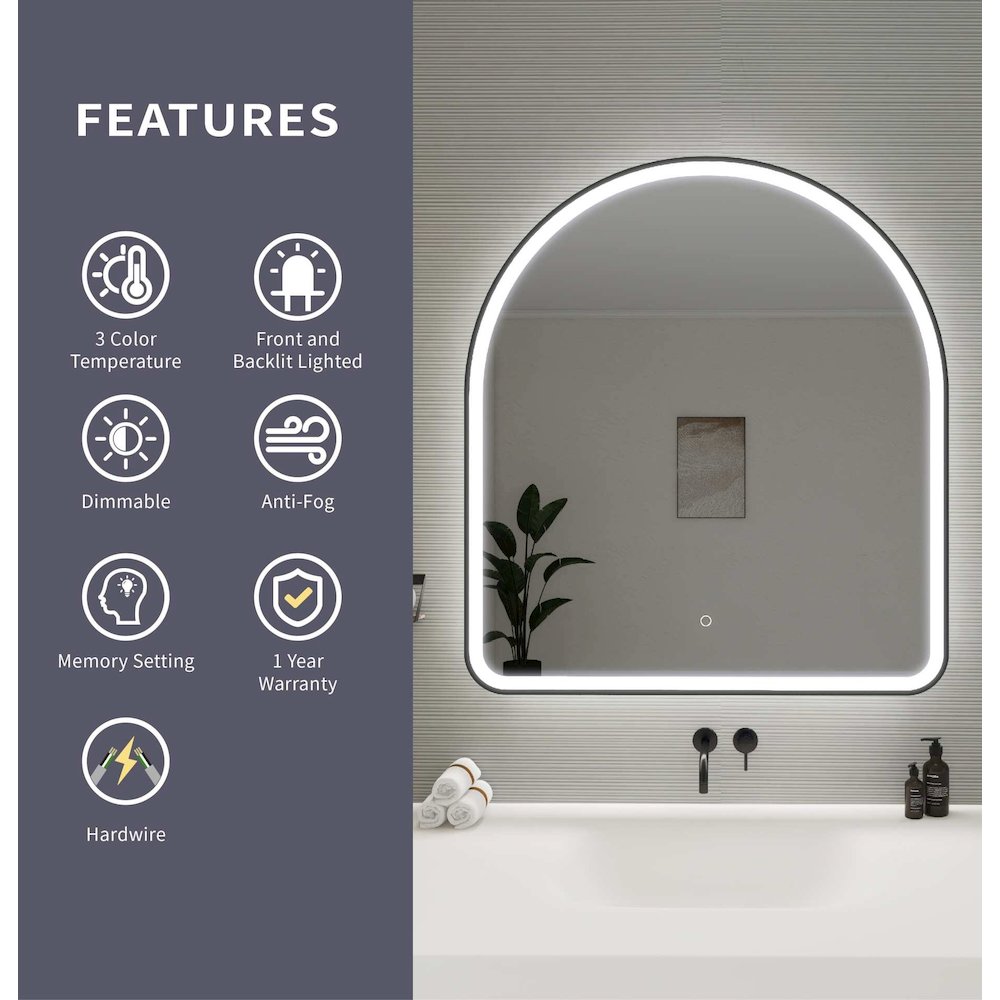 42 Inch Arch LED Front and Backlit Wall Mirror in Black
