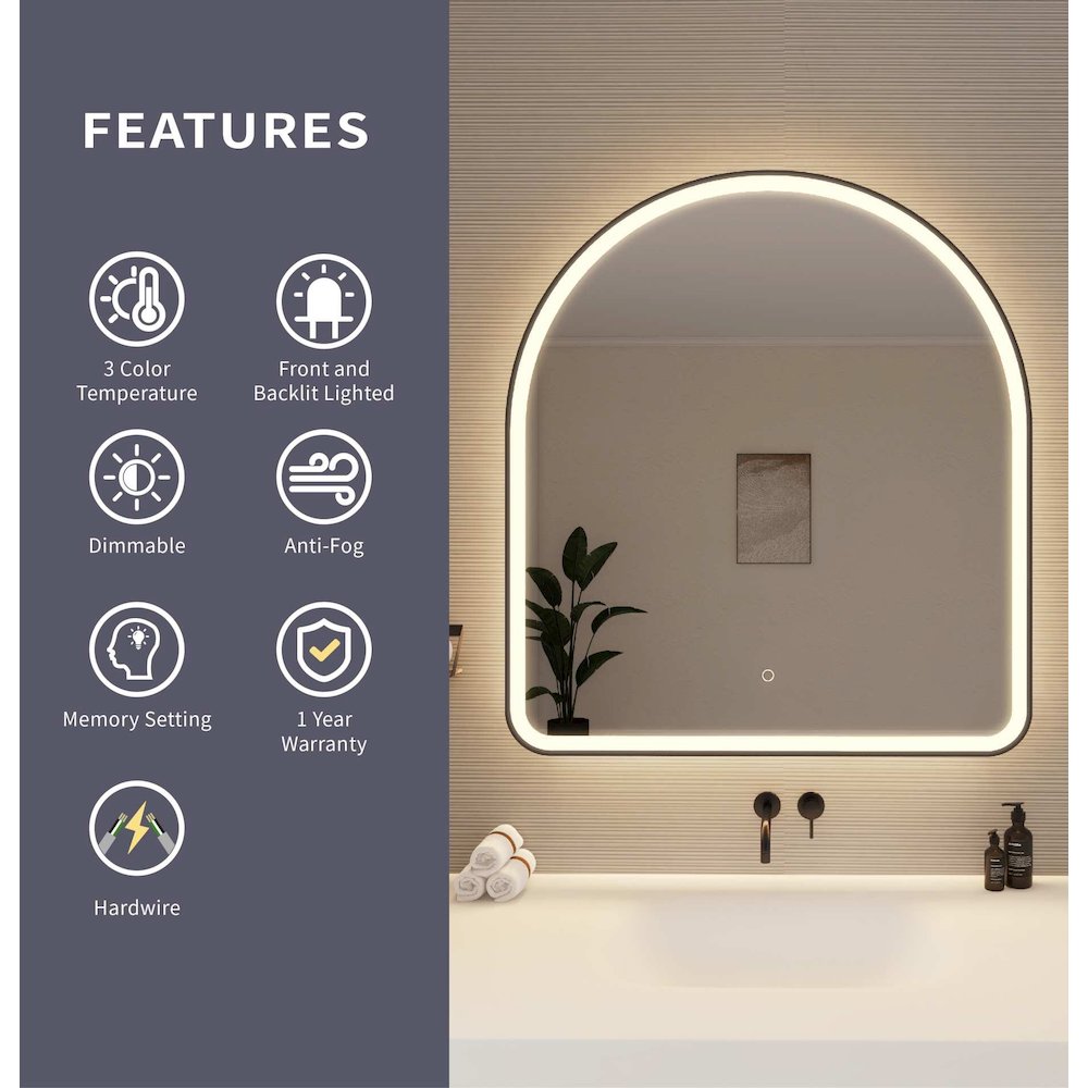 42 Inch Arch LED Front and Backlit Wall Mirror in Black