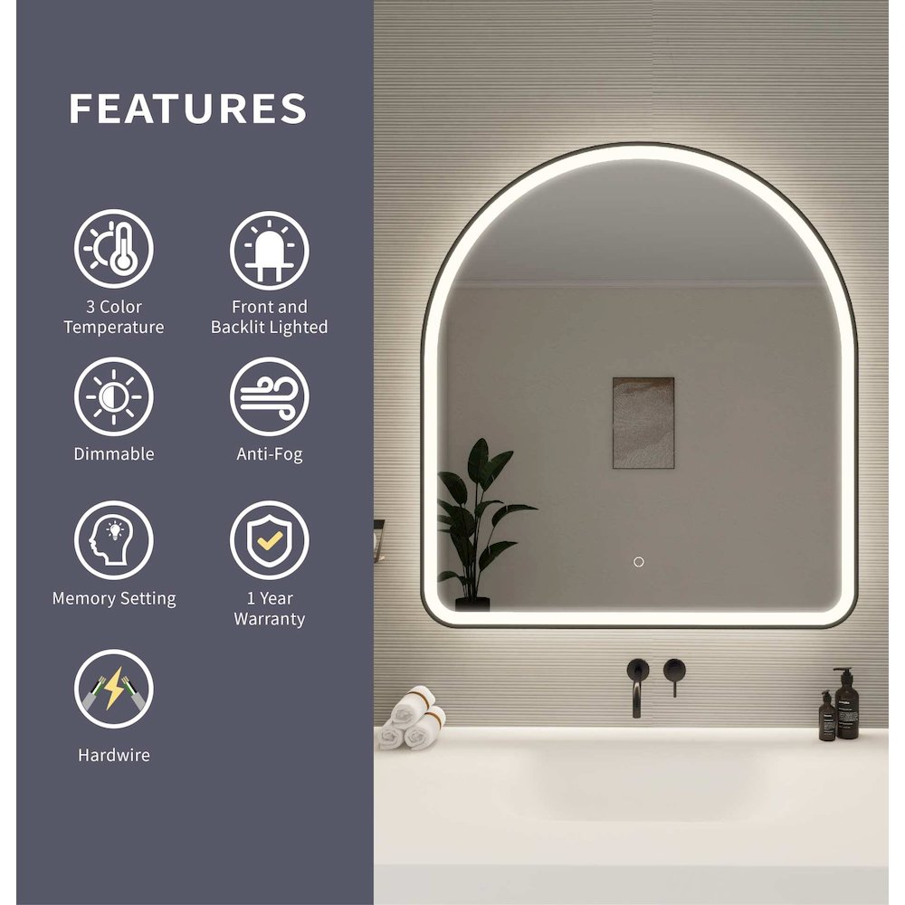 42 Inch Arch LED Front and Backlit Wall Mirror in Black
