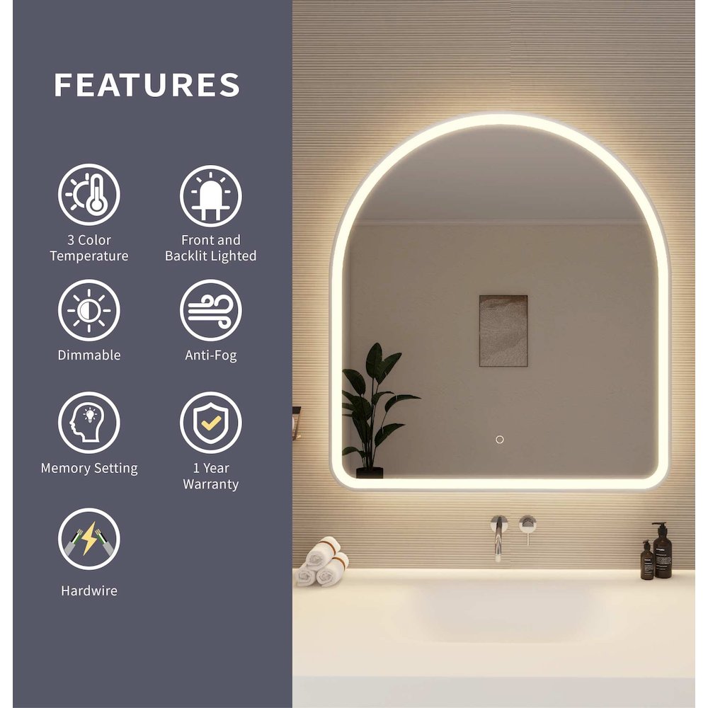 42 Inch Arch LED Front and Backlit Wall Mirror in Silver