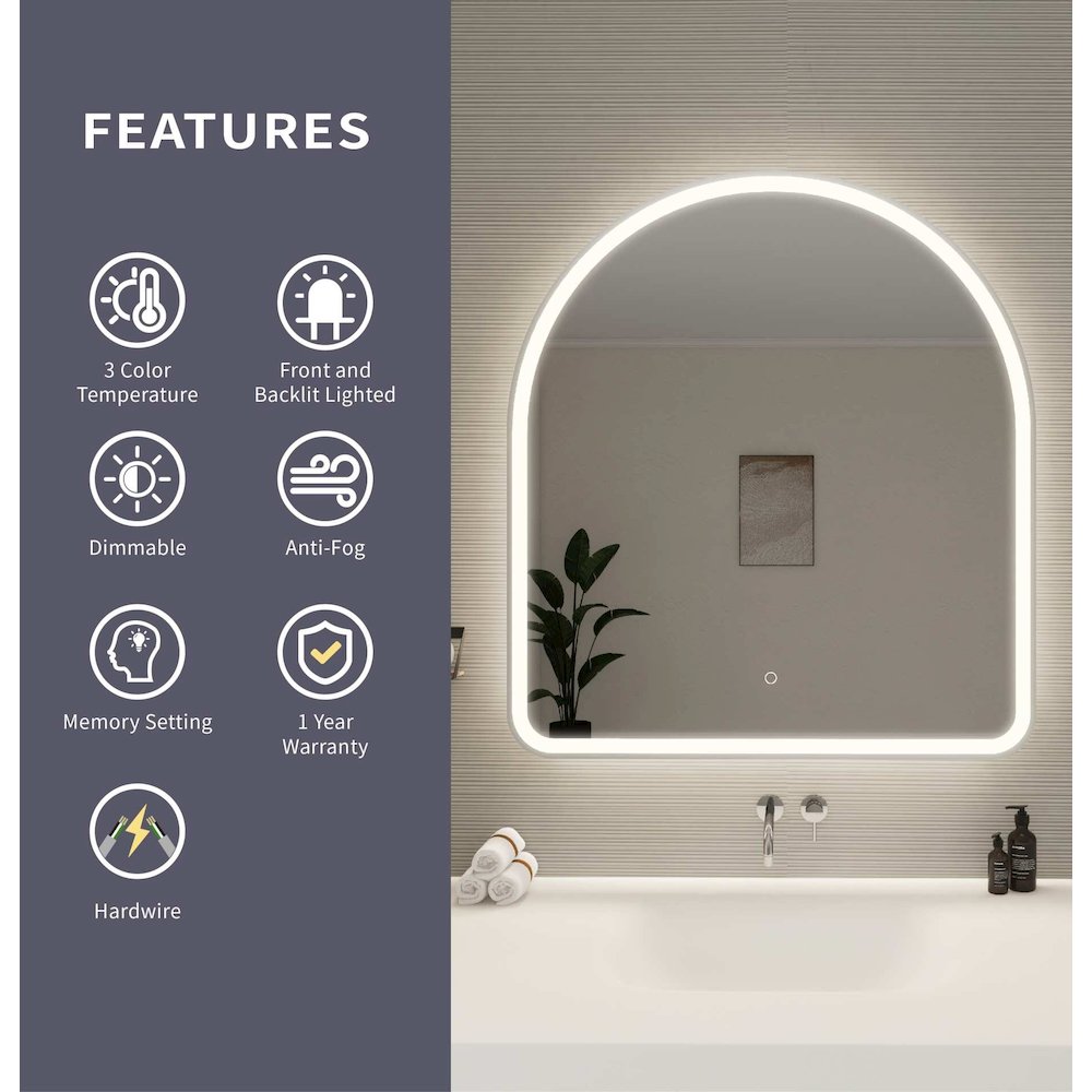 42 Inch Arch LED Front and Backlit Wall Mirror in Silver