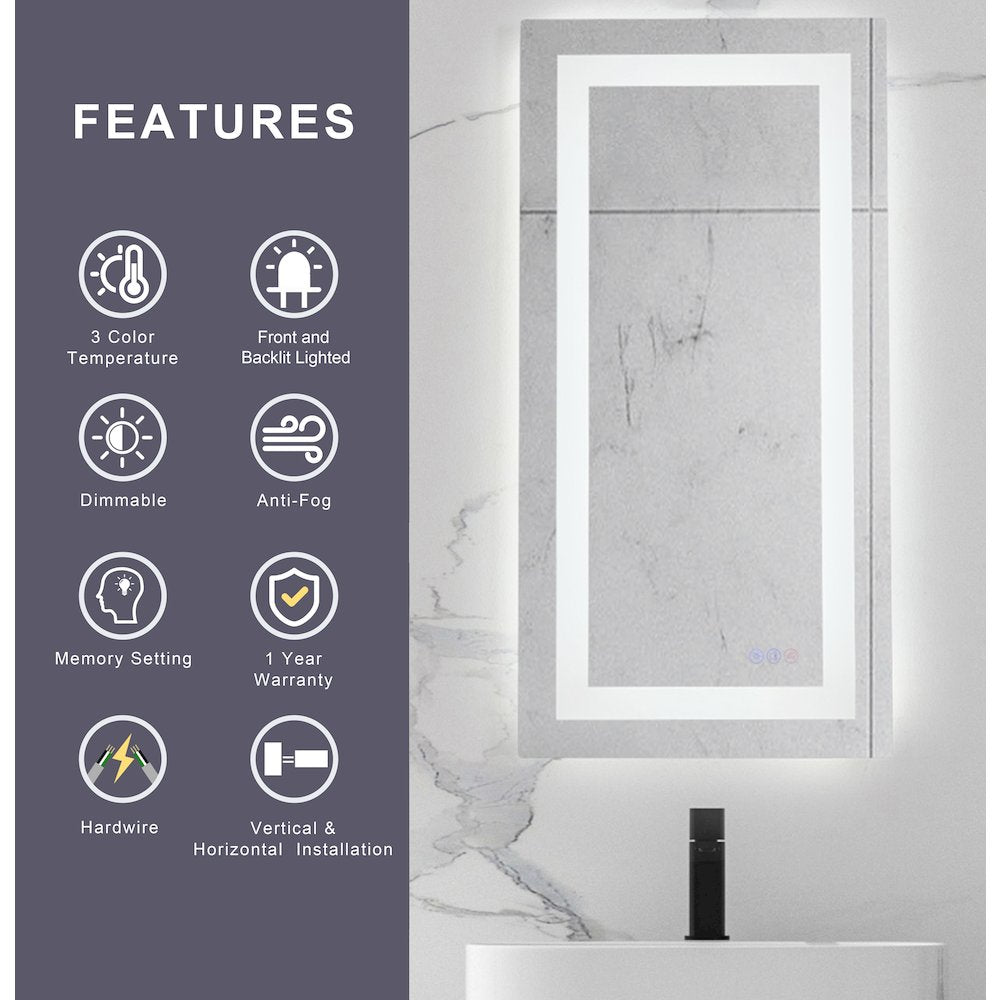 Riven 40X30 Led Mirror, Adjustable Color 3000K/4200K/6400K