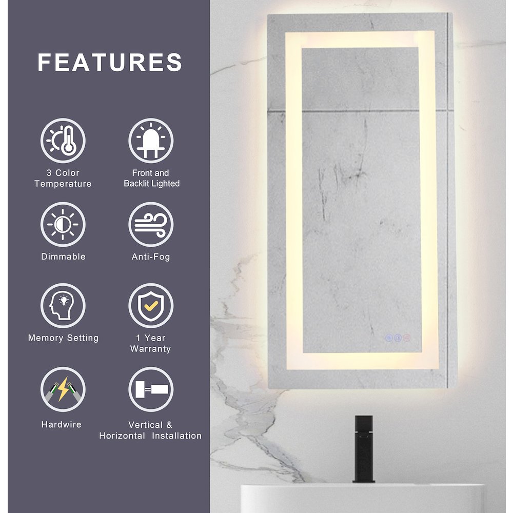 Riven 40X30 Led Mirror, Adjustable Color 3000K/4200K/6400K