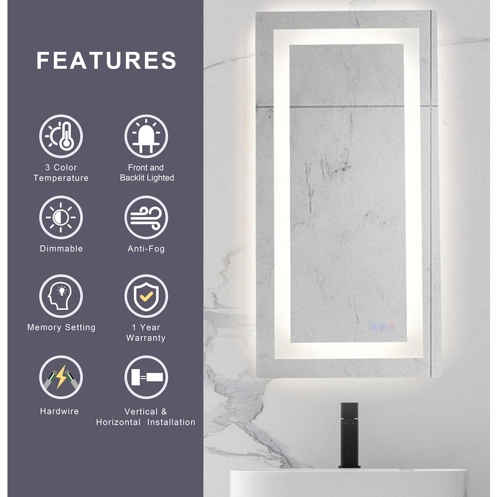 Riven 40X30 Led Mirror, Adjustable Color 3000K/4200K/6400K