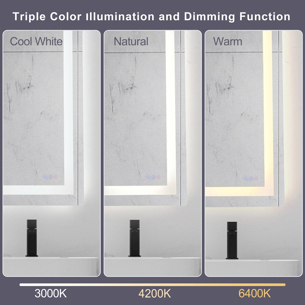Riven 48X30 Led Mirror, Adjustable Color 3000K/4200K/6400K
