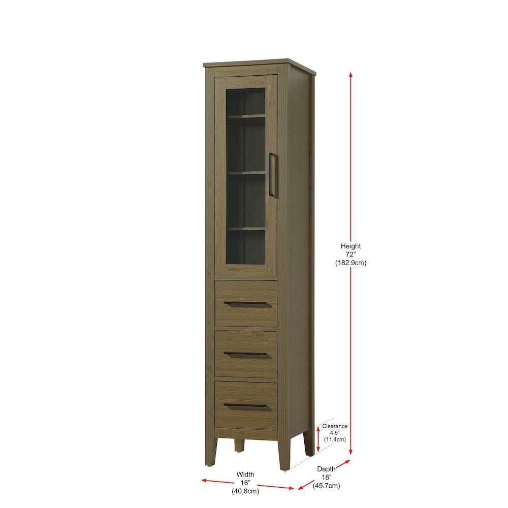 16 Inch Bath Storage Glass Cabinet in Chestnut Brown
