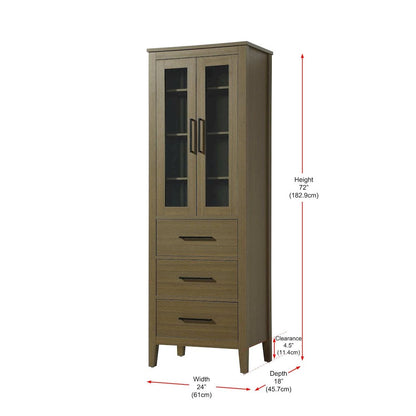 24 Inch Bath Storage Glass Cabinet in Chestnut Brown