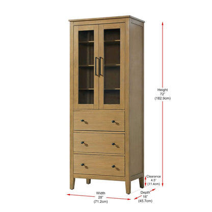 28 Inch Bath Storage Glass Cabinet in Honey Teak