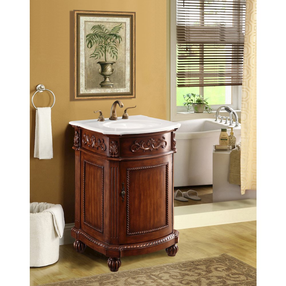24 inch Single Bathroom vanity in Brown with ivory white engineered marble