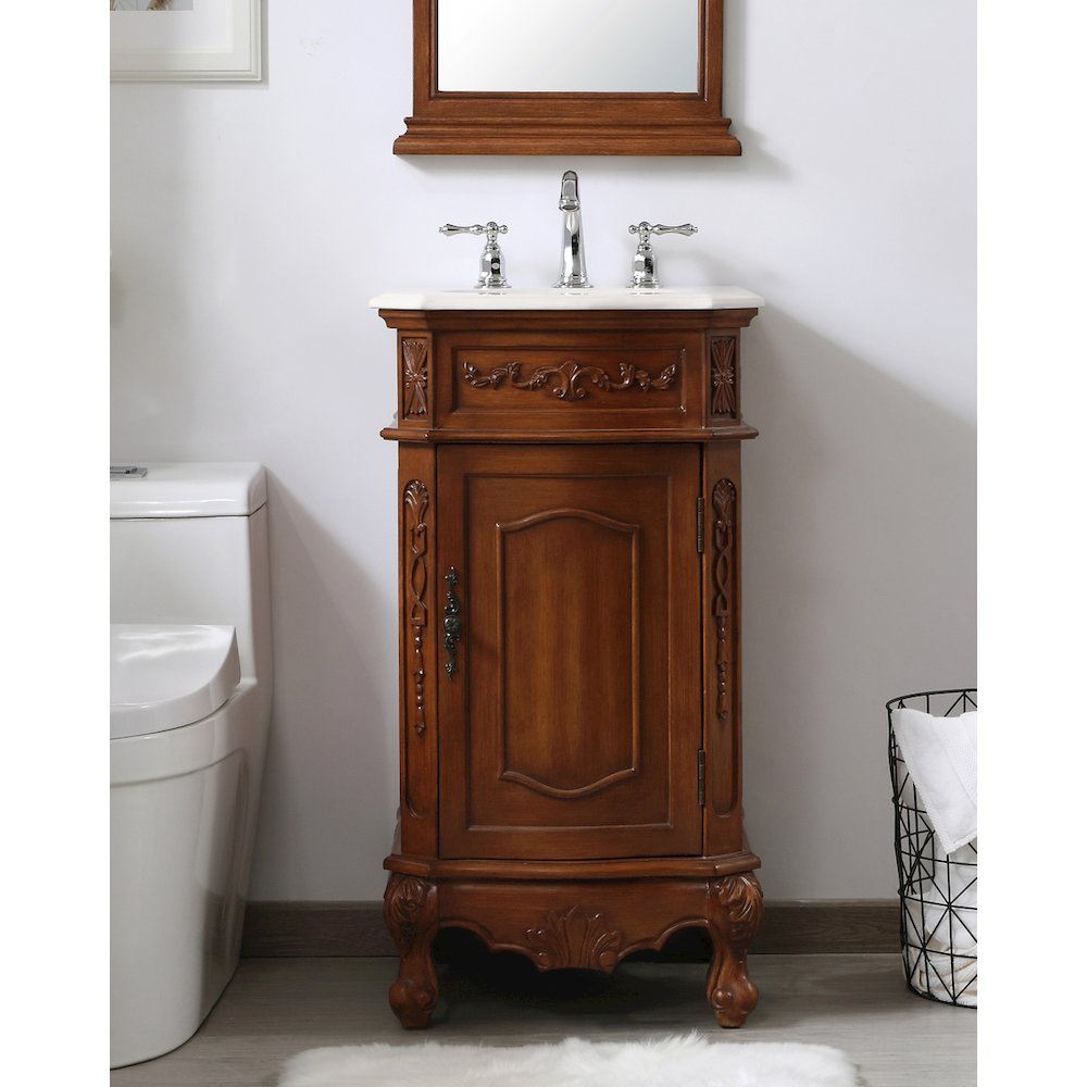 19 inch Single Bathroom vanity in teak with ivory white engineered marble