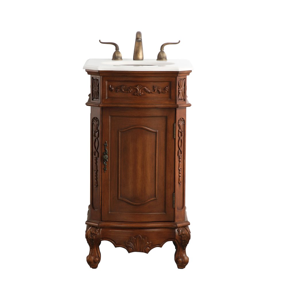 19 inch Single Bathroom vanity in teak with ivory white engineered marble