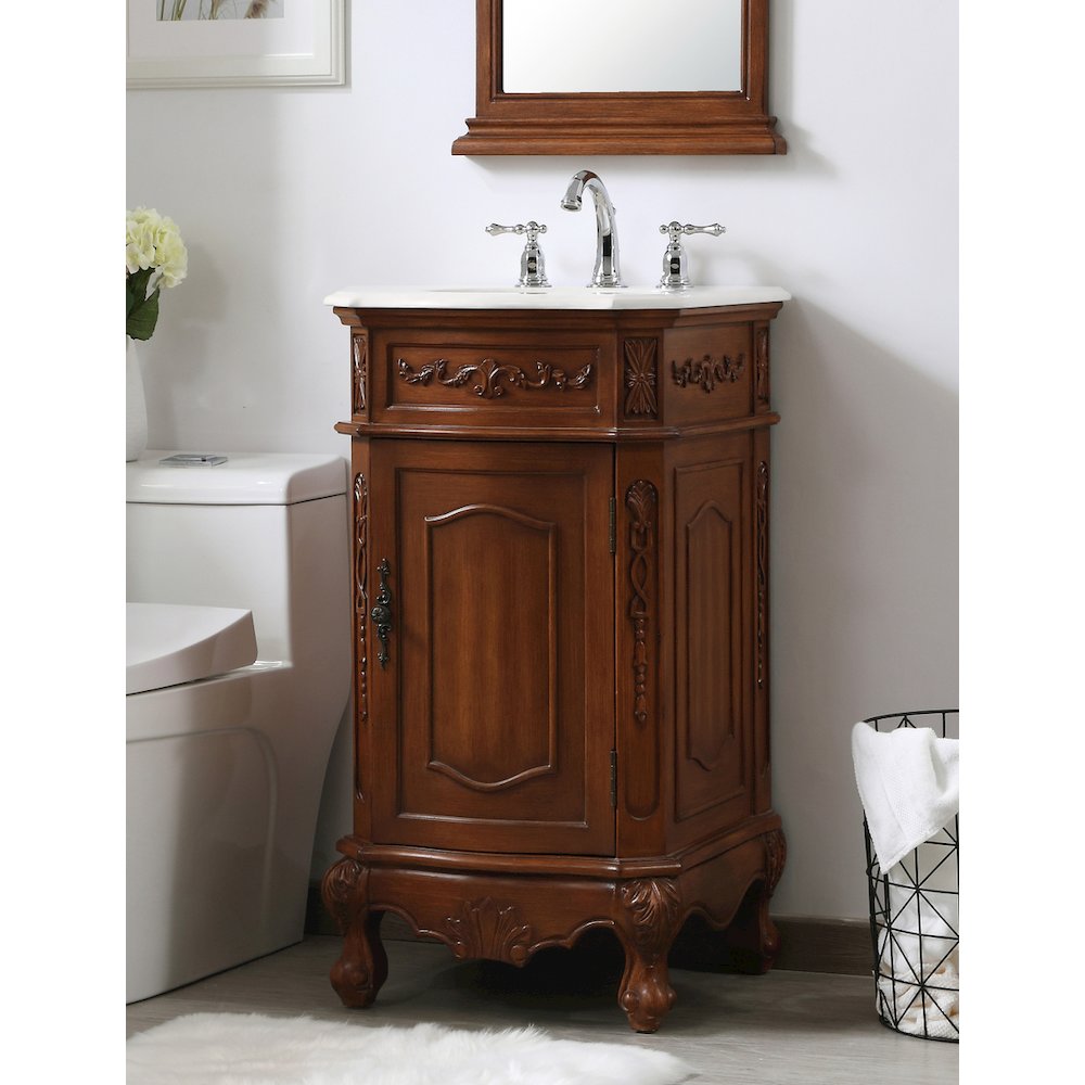 19 inch Single Bathroom vanity in teak with ivory white engineered marble
