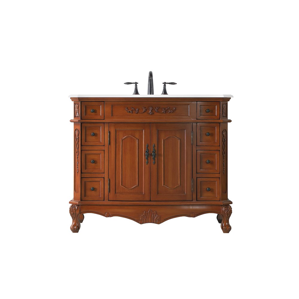 42 inch Single Bathroom vanity in Teak with ivory white engineered marble