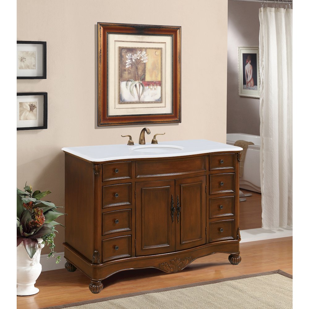 48 inch Single Bathroom vanity in Teak Color with ivory white engineered marble