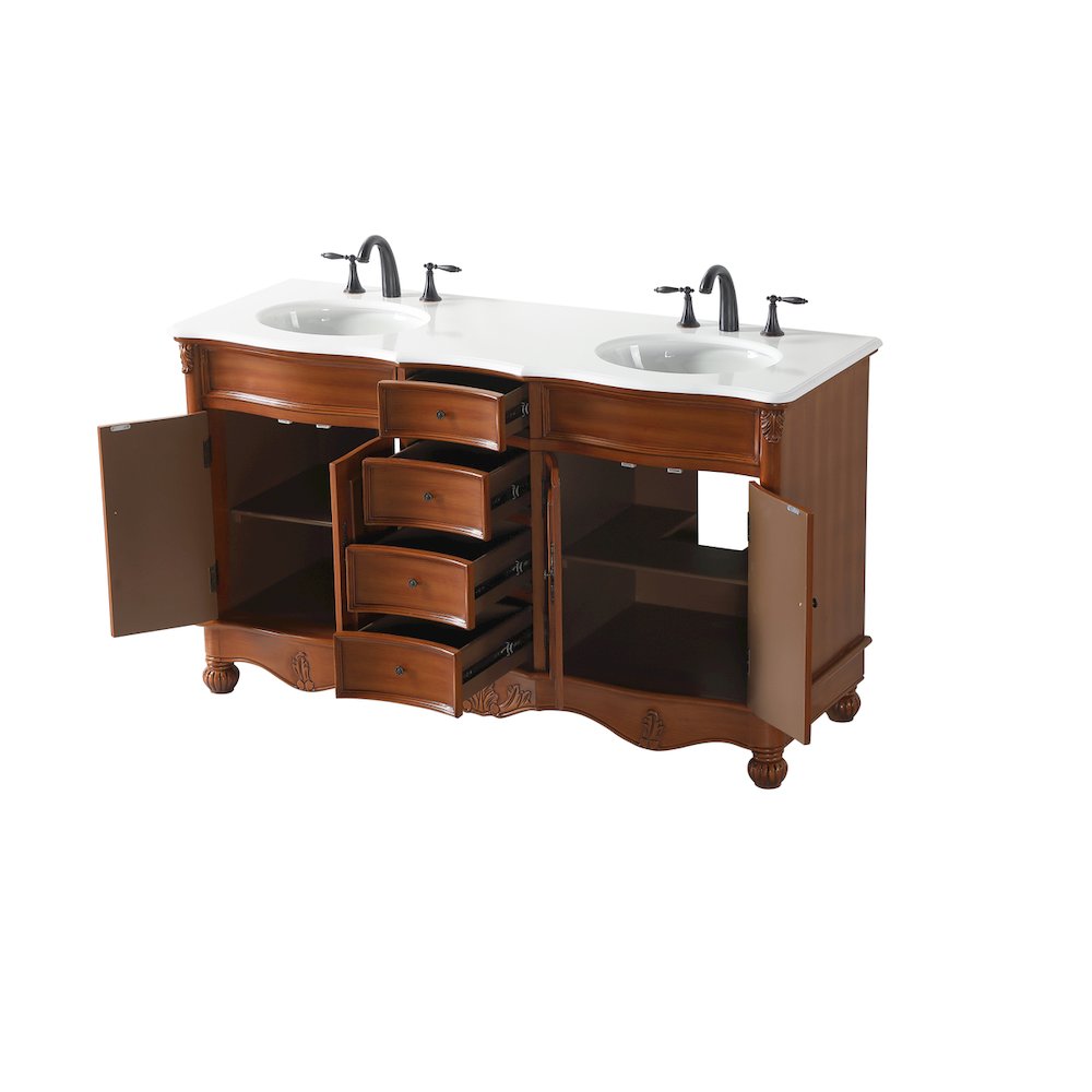 60 inch Double Bathroom vanity in Teak with ivory white engineered marble