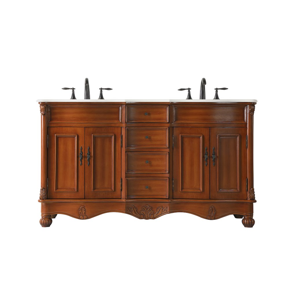 60 inch Double Bathroom vanity in Teak with ivory white engineered marble