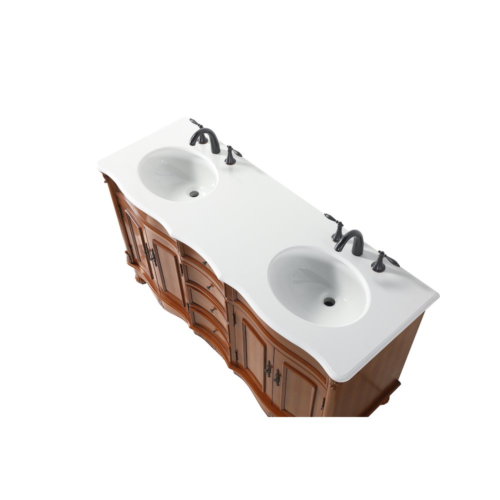 60 inch Double Bathroom vanity in Teak with ivory white engineered marble