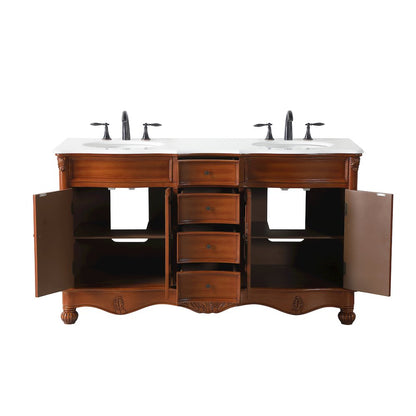 60 inch Double Bathroom vanity in Teak with ivory white engineered marble