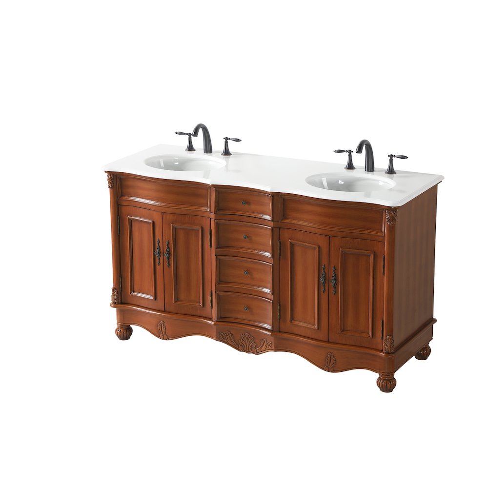 60 inch Double Bathroom vanity in Teak with ivory white engineered marble