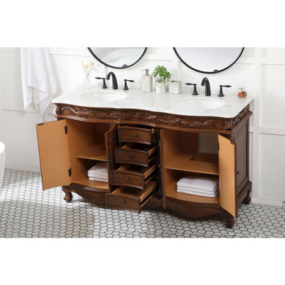60 inch double Bathroom vanity in teak with ivory white engineered marble