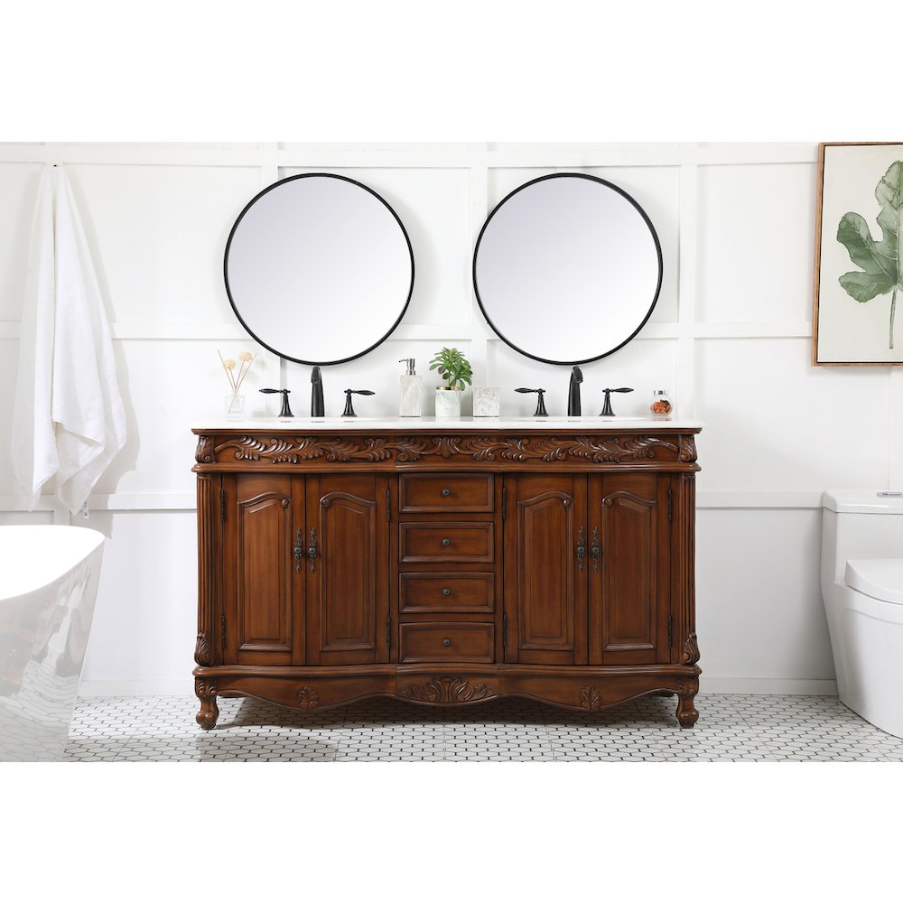 60 inch double Bathroom vanity in teak with ivory white engineered marble