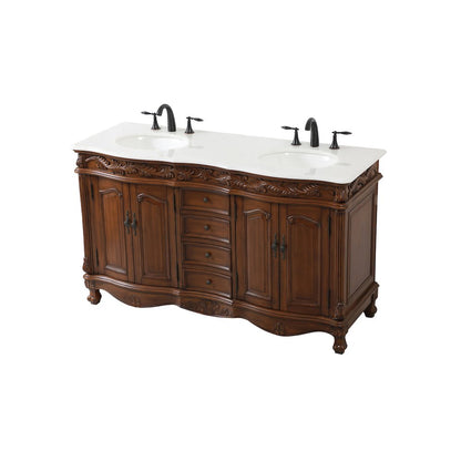 60 inch double Bathroom vanity in teak with ivory white engineered marble