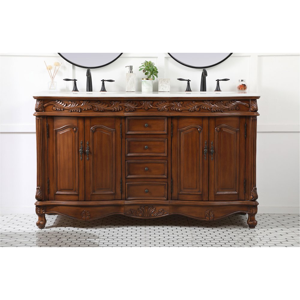 60 inch double Bathroom vanity in teak with ivory white engineered marble