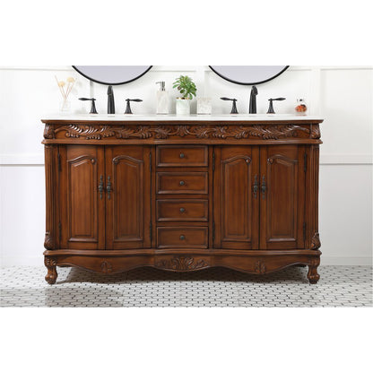 60 inch double Bathroom vanity in teak with ivory white engineered marble