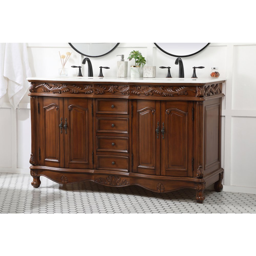 60 inch double Bathroom vanity in teak with ivory white engineered marble
