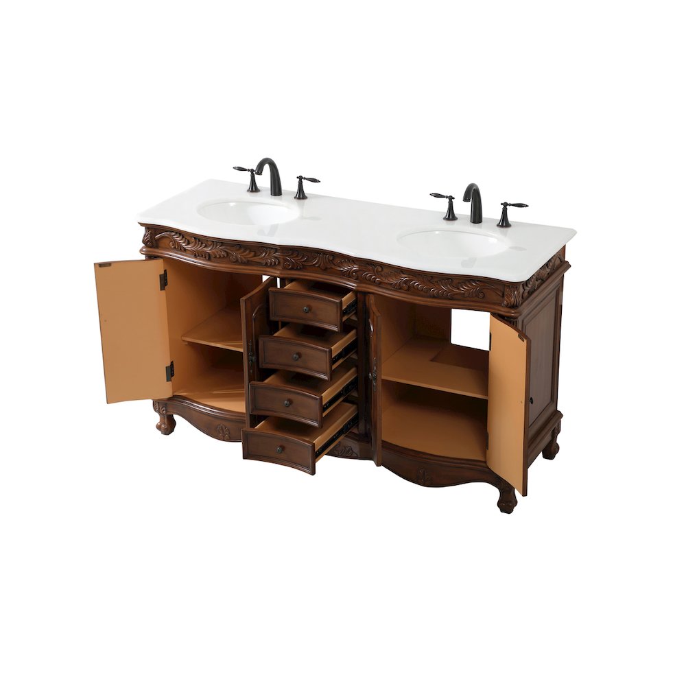 60 inch double Bathroom vanity in teak with ivory white engineered marble