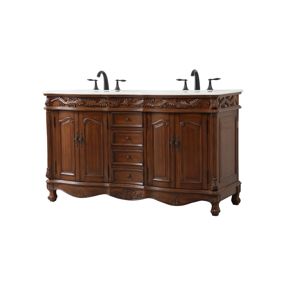 60 inch double Bathroom vanity in teak with ivory white engineered marble