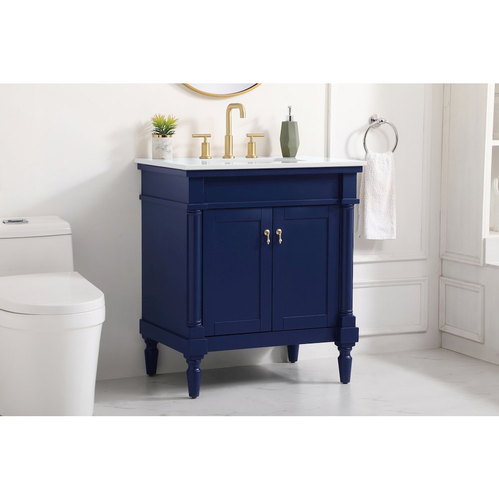30 inch Single Bathroom vanity in Blue with ivory white engineered marble