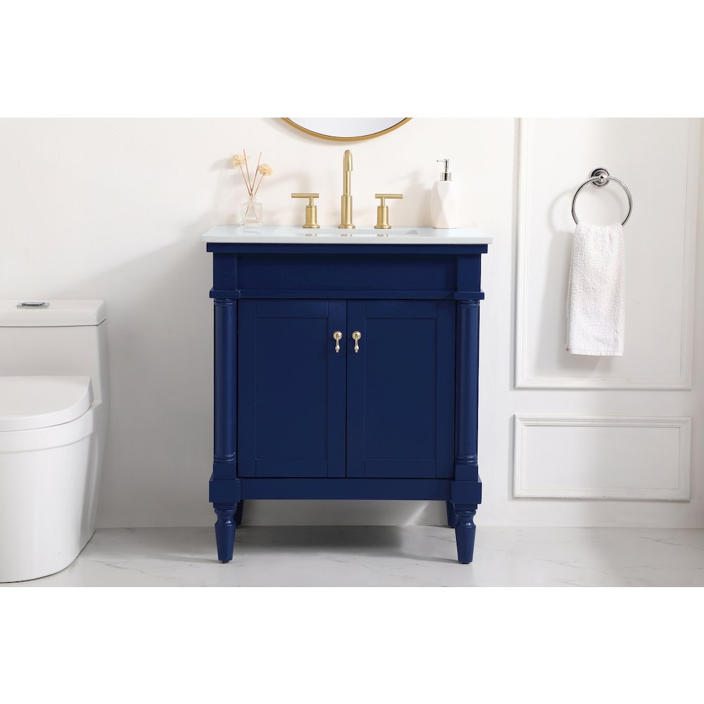30 inch Single Bathroom vanity in Blue with ivory white engineered marble