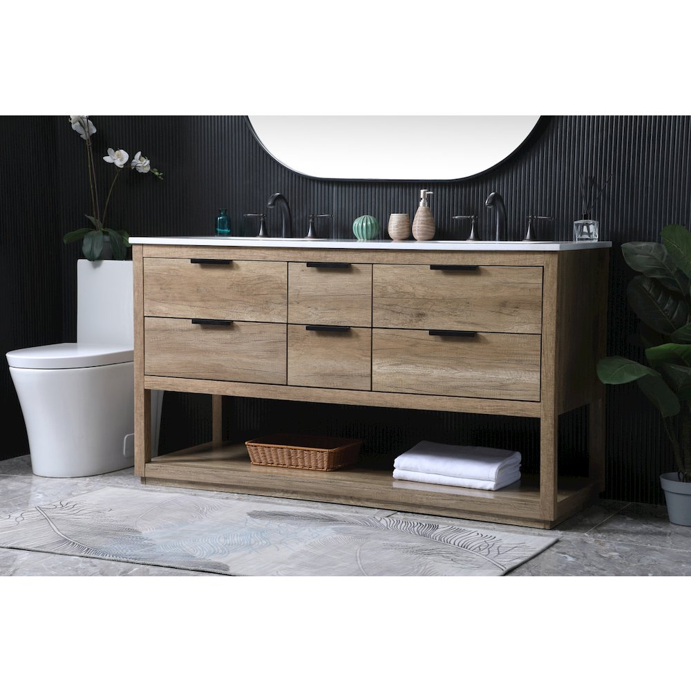 60 Inch Double Bathroom Vanity In Natural Oak