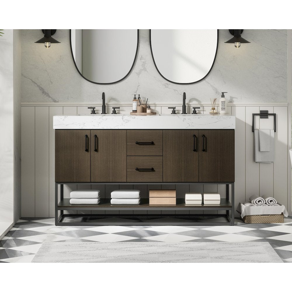 54 inch Double Bathroom Vanity in Mocha Brown