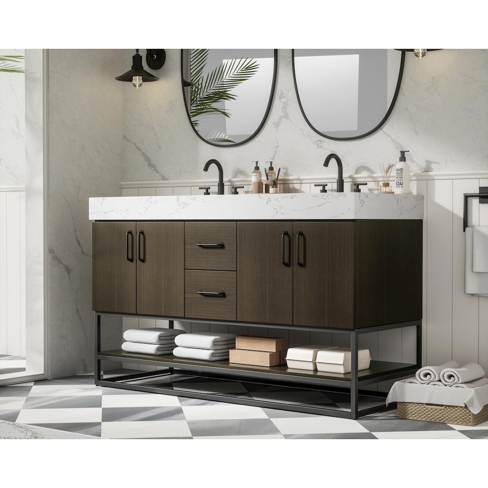 54 inch Double Bathroom Vanity in Mocha Brown