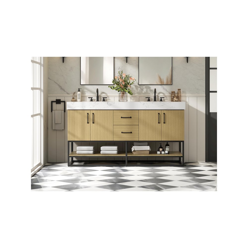 60 inch Double Bathroom Vanity in Honey Brown