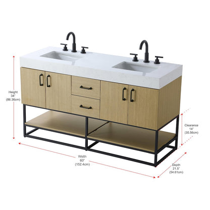 60 inch Double Bathroom Vanity in Honey Brown