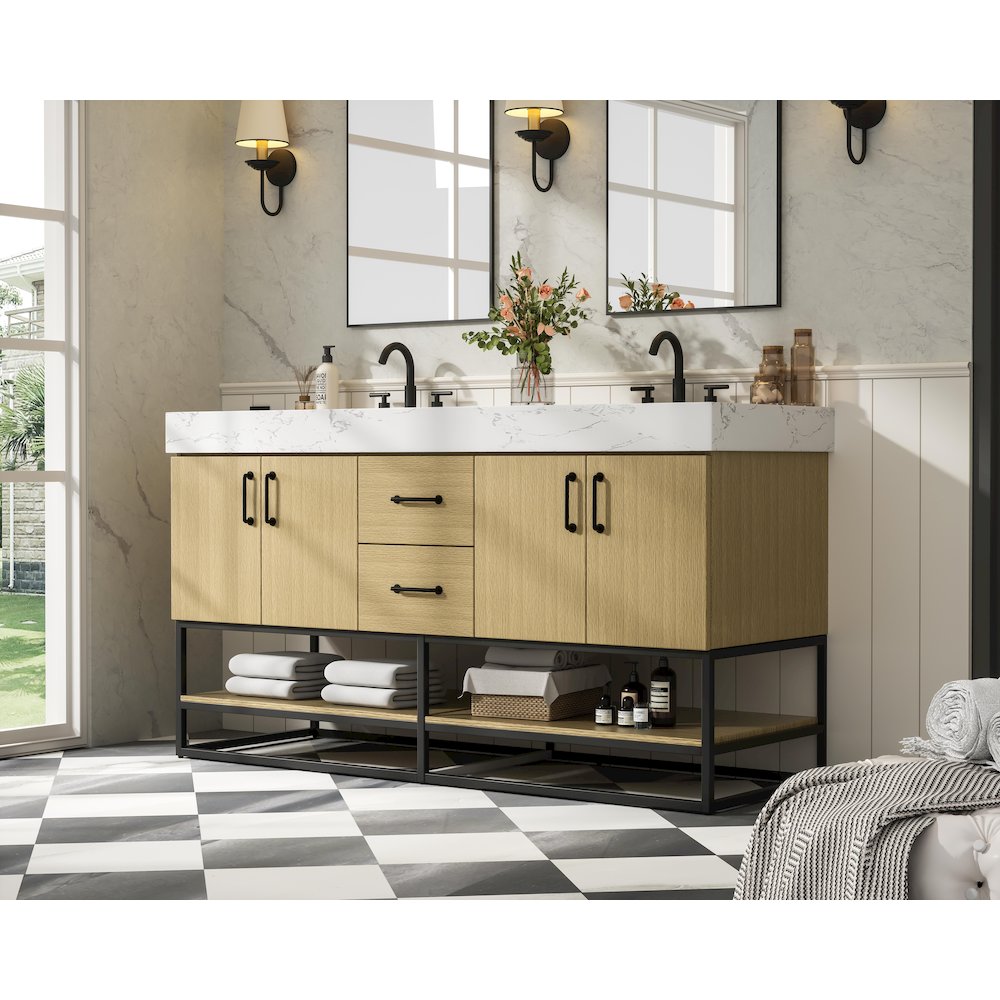60 inch Double Bathroom Vanity in Honey Brown