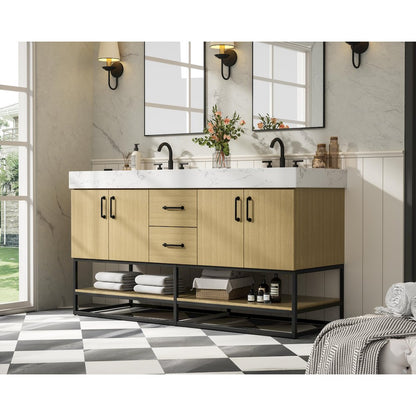 60 inch Double Bathroom Vanity in Honey Brown