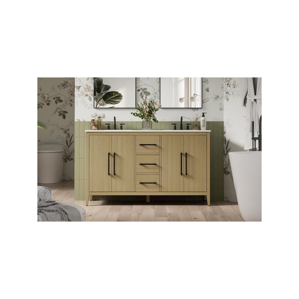 60 Inch Double Bathroom Vanity In Honey Brown