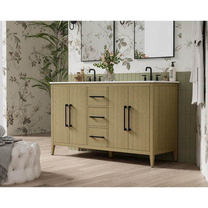 60 Inch Double Bathroom Vanity In Honey Brown